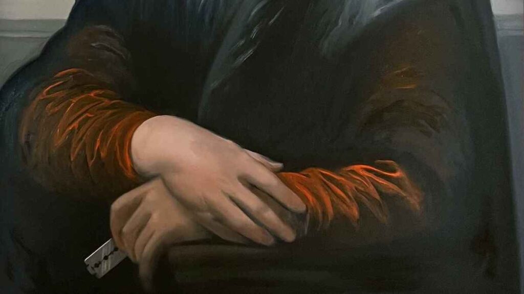 Gemälde Mona Autolesionista: Mona Lisa mit einer Rasierklinge in der Hand