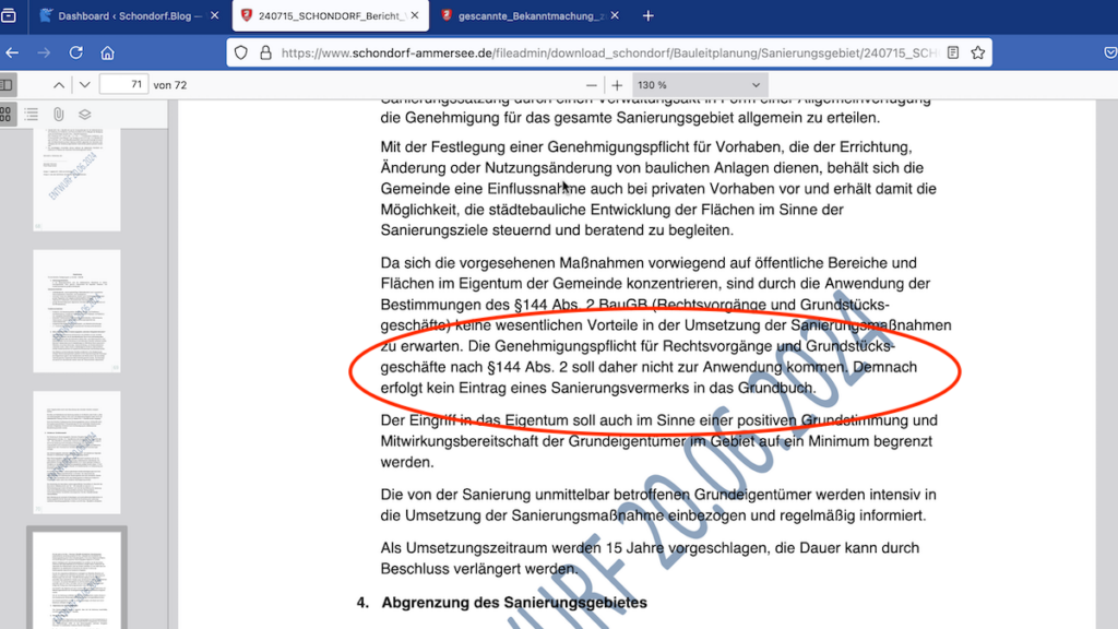 Hinweis auf der Website, dass der Sanierungsvermerk in Schondorf nicht zur Anwendung kommt