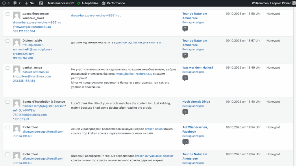 Die große Mehrzahl des Kommentarspams ist auf Kyrillisch verfasst